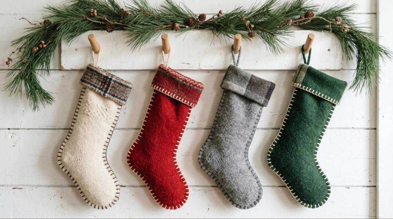 Homemade wool stockings in cream, red and grey hanging from a wooden shelf with pine greenery
