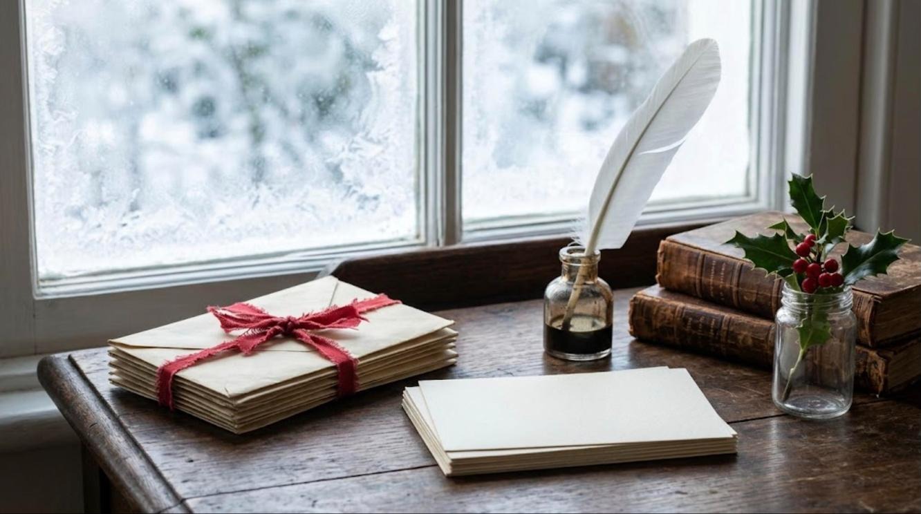 Little Women Christmas: antique writing desk with letters tied in ribbon, a feather quill, ink bottle and holly sprigs by a window