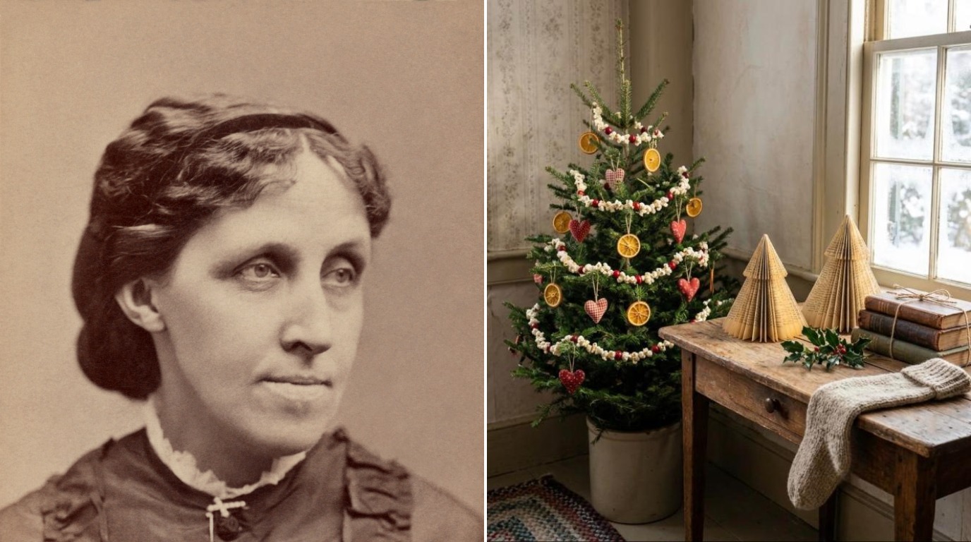 Little Women Christmas: Louisa May Alcott portrait beside an old fashioned parlor corner with a popcorn garland tree and book page trees