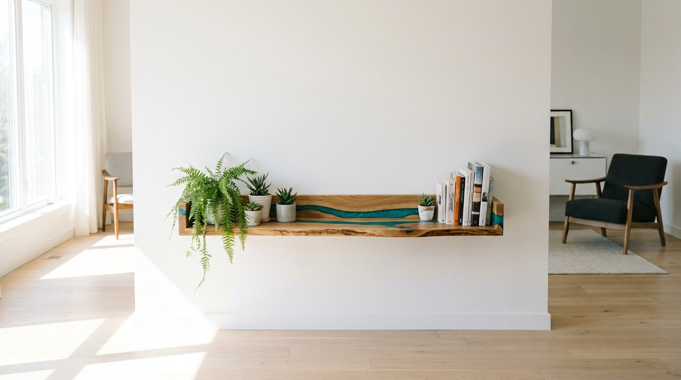 Live edge wooden floating shelf with a turquoise resin river holding plants on a white wall
