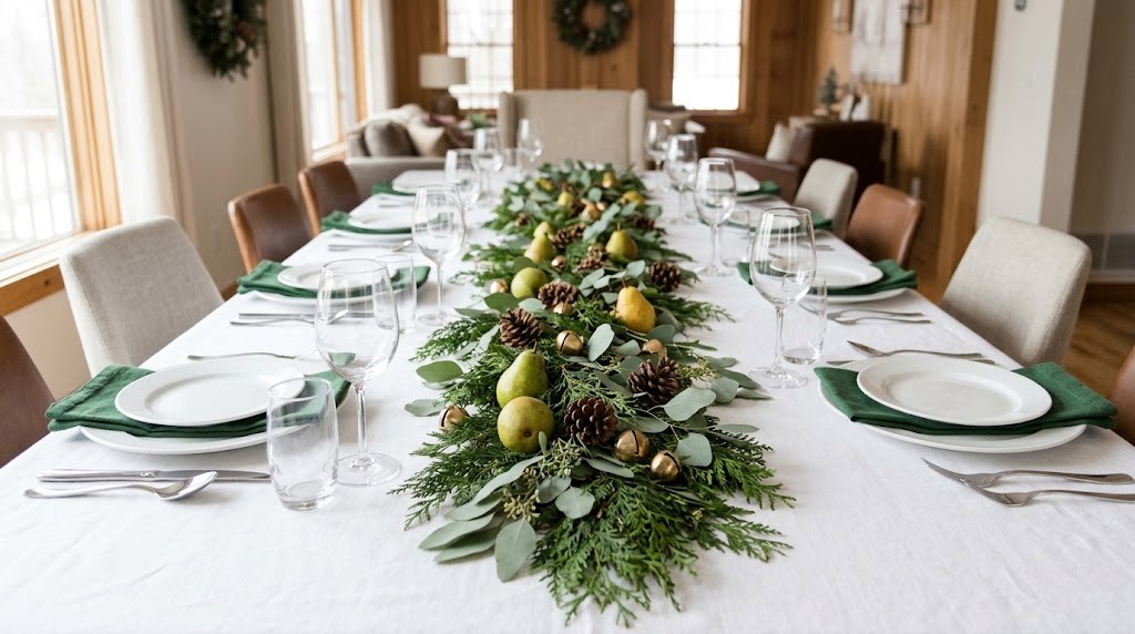 Emily Post Christmas table with a low greenery and pear centerpiece