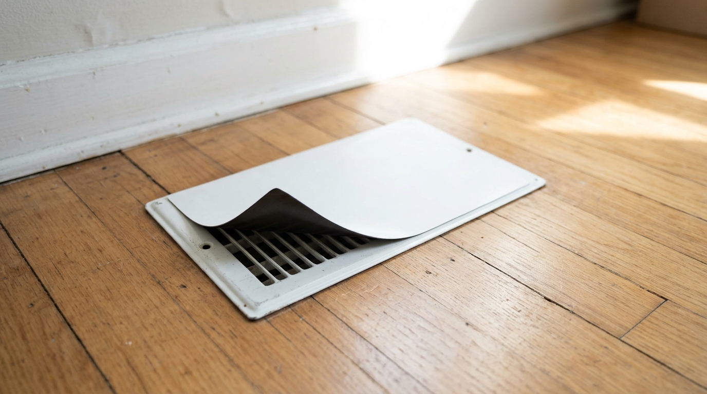 Magnetic cover being placed over a floor vent in a spare room