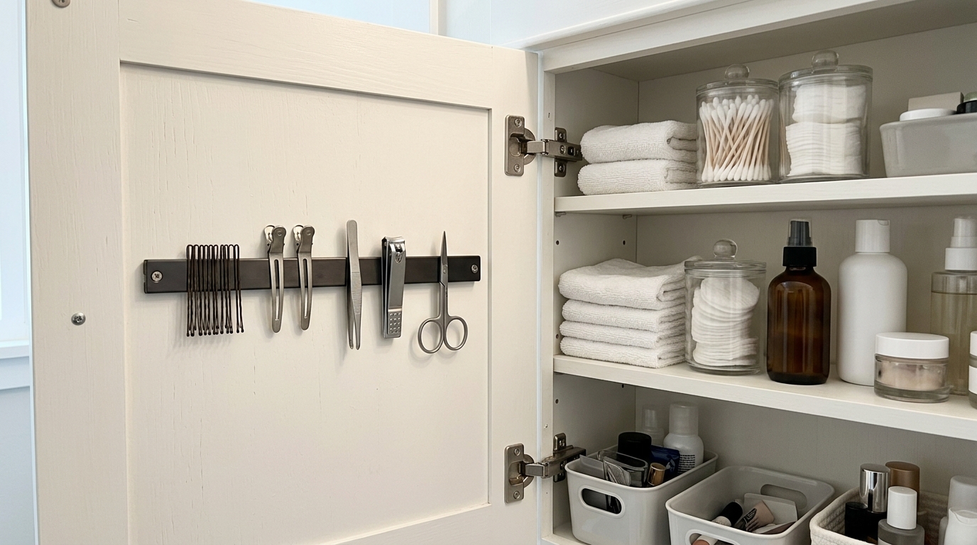 Magnetic strip inside a bathroom cabinet door holding bobby pins and tweezers