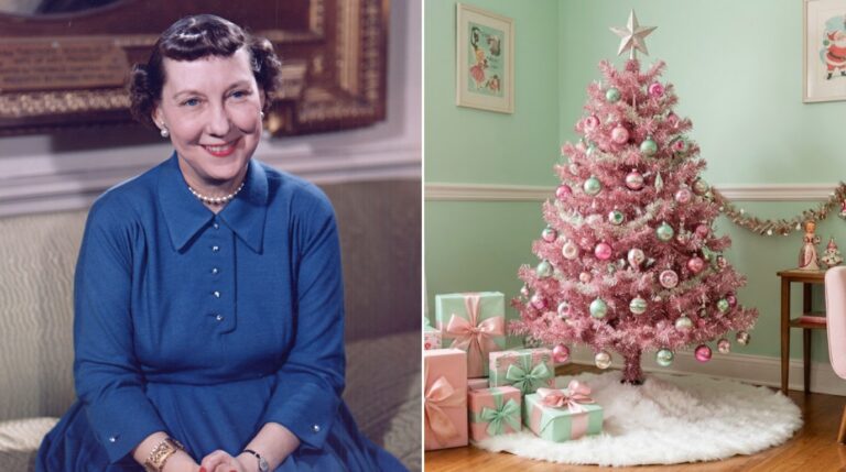 Mamie Eisenhower Christmas idea: Mamie Eisenhower portrait beside a pink tinsel tree with mint and pink ornaments