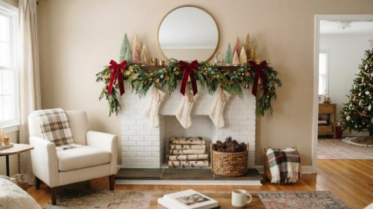 Christmas mantel ideas with lush garland, red velvet bows and a gold mirror