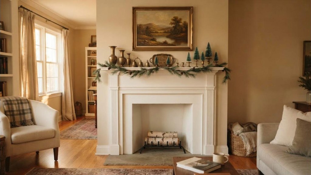Thrifted brass holders and bells styled on a white mantel