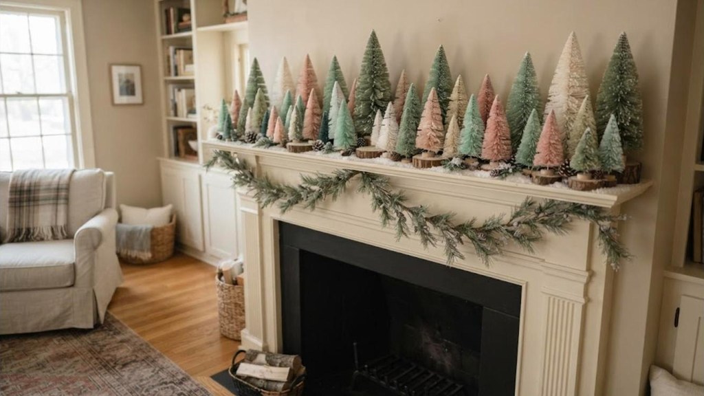 Bottle brush tree forest in green and pastel colors across a Christmas mantel
