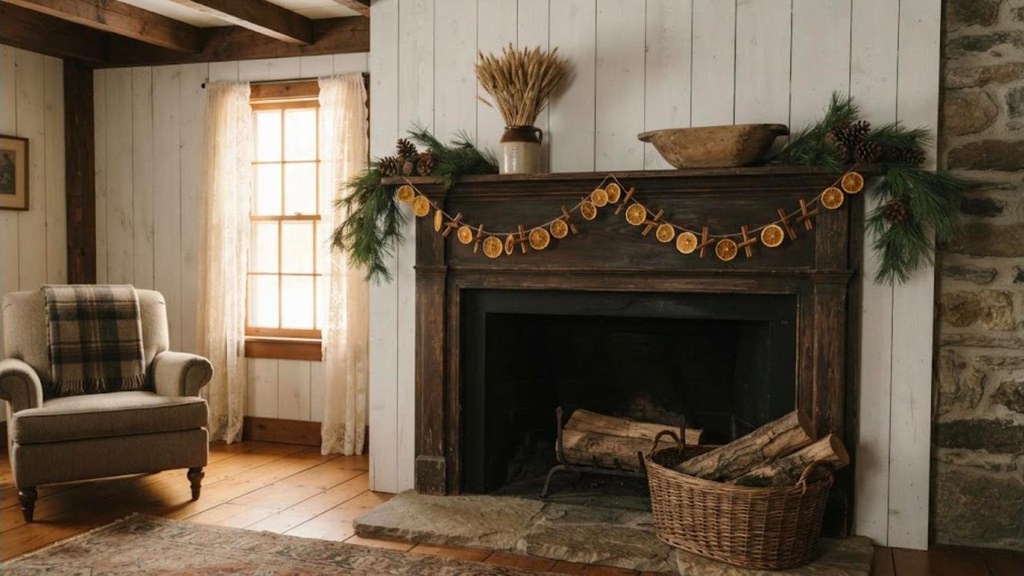 Dried orange slice and cinnamon stick garland draped over a rustic mantel