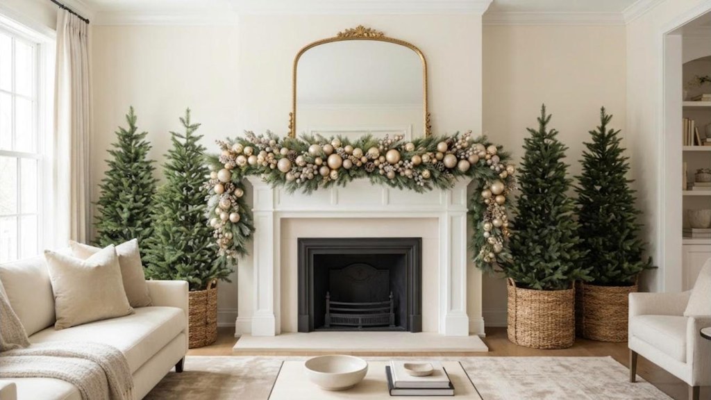 Dollar store Christmas mantel ideas with layered garland and gold ornaments