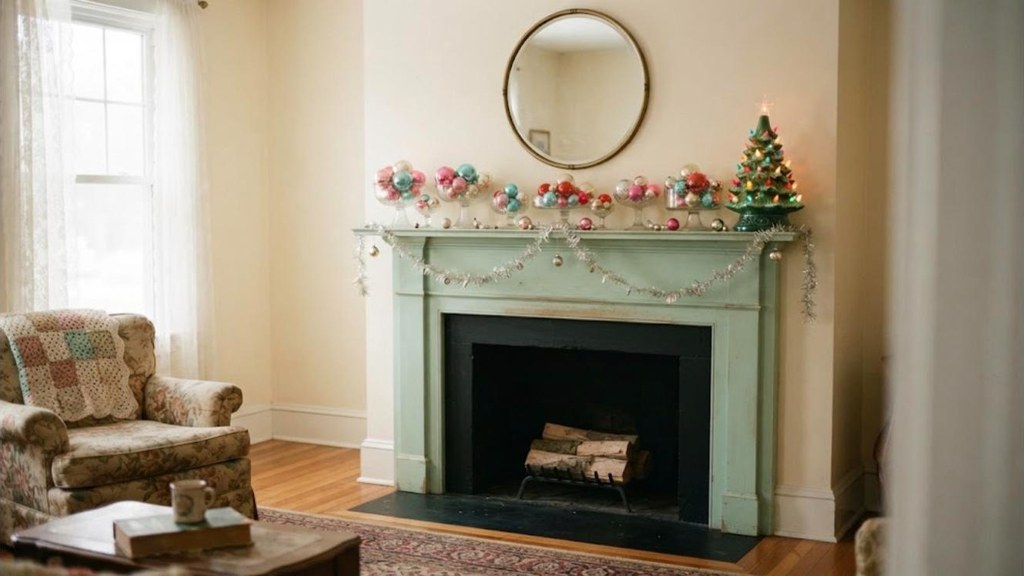 Vintage glass ornaments in a thrifted glass compote on a cozy mantel