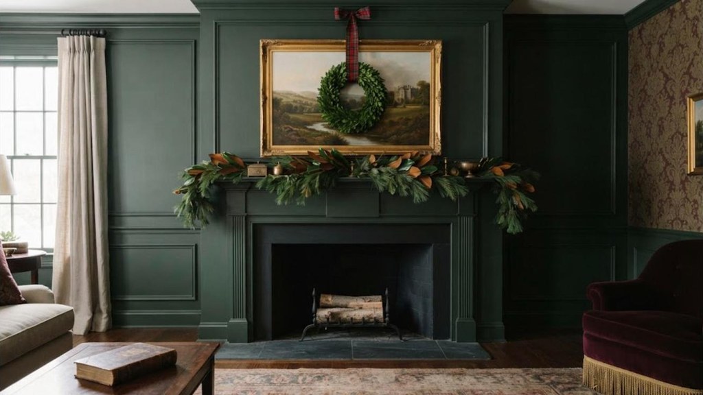 Old money Christmas mantel ideas with an oil painting, boxwood wreath and tartan ribbon