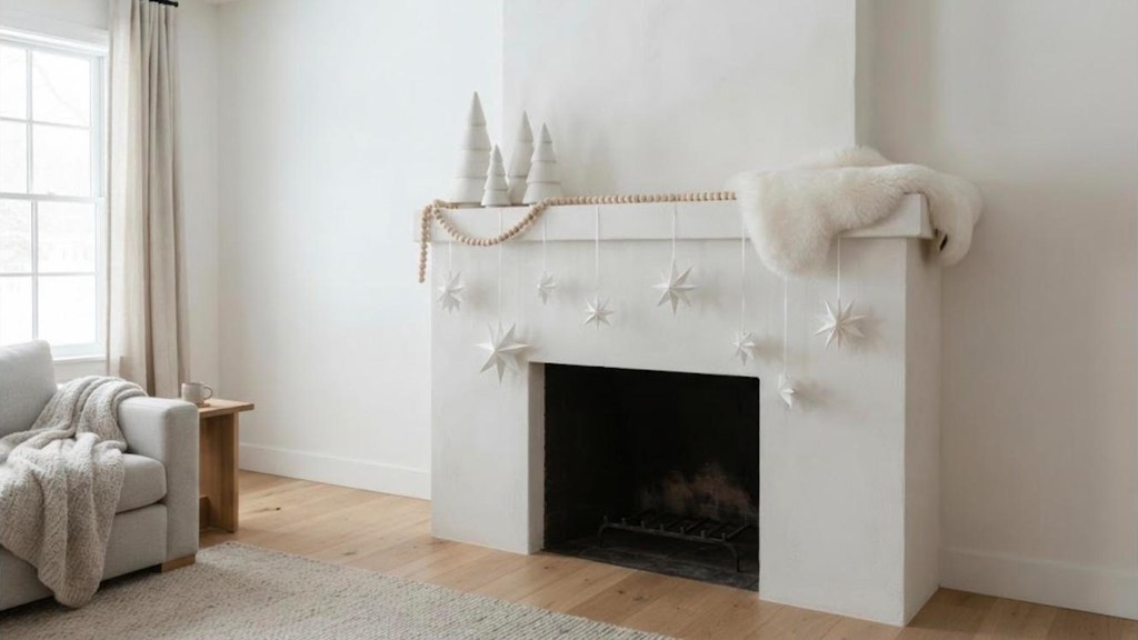 Scandinavian style mantel with white ceramic trees and a wood bead garland