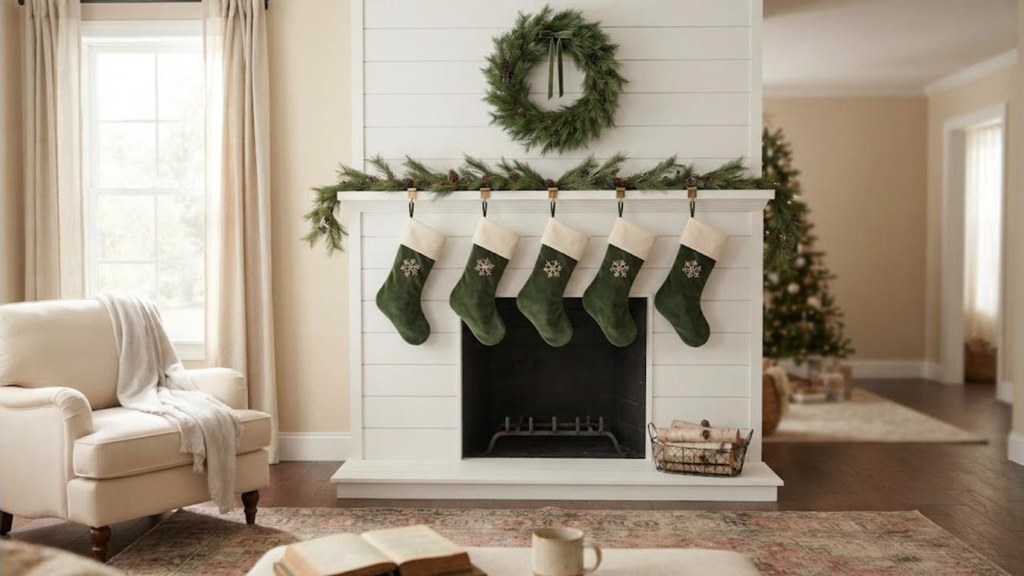 Stocking showcase Christmas mantel ideas with matching green velvet stockings