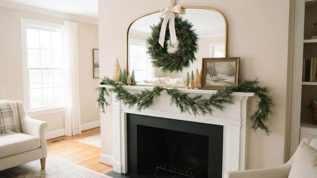 Green wreath hung over a large arched mirror on a holiday mantel