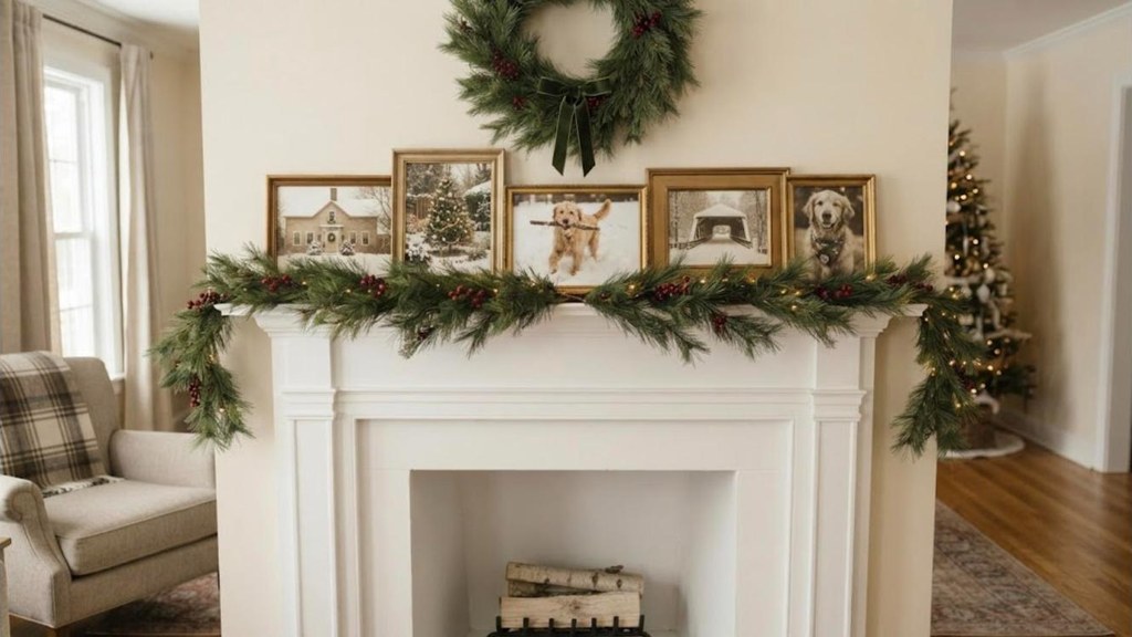 Family Christmas photos in matching gold thrifted frames on a festive mantel