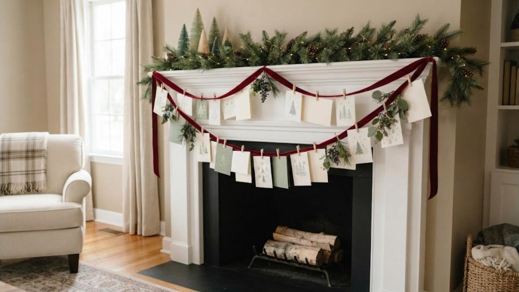 Holiday cards clipped to a velvet ribbon under a decorated mantel