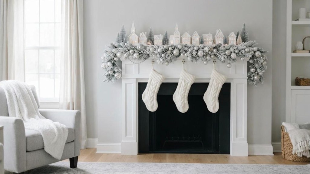 Winter white Christmas mantel ideas with flocked garland and silver ornaments