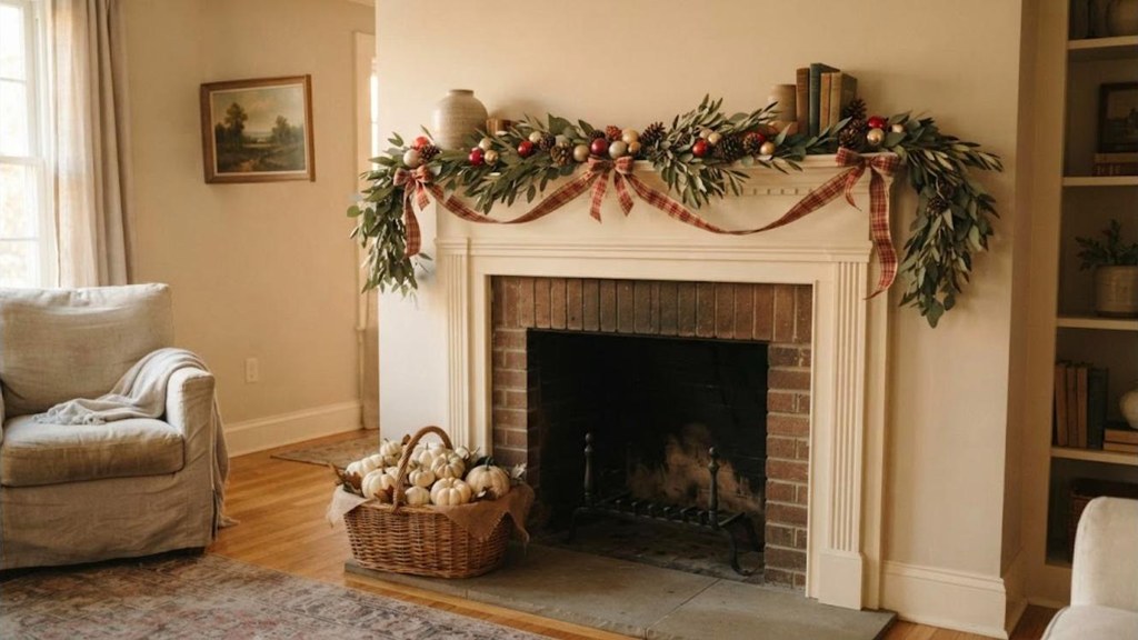 Neutral garland mantel switched from fall pumpkins to Christmas ornaments