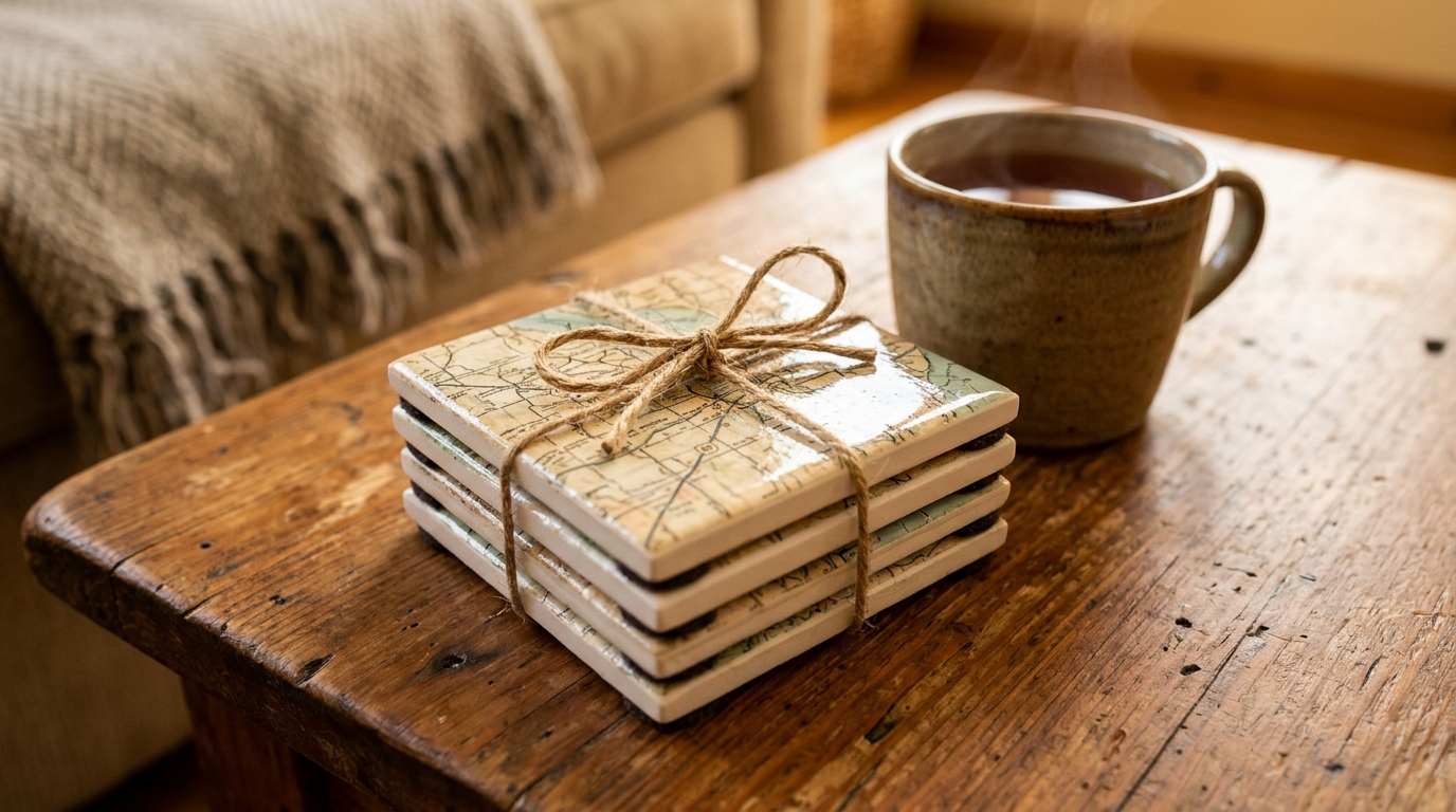 Map covered tile coasters tied with twine next to a cup of tea