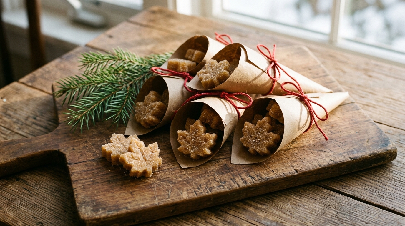 Laura Ingalls Wilder style maple sugar candies in brown paper cones