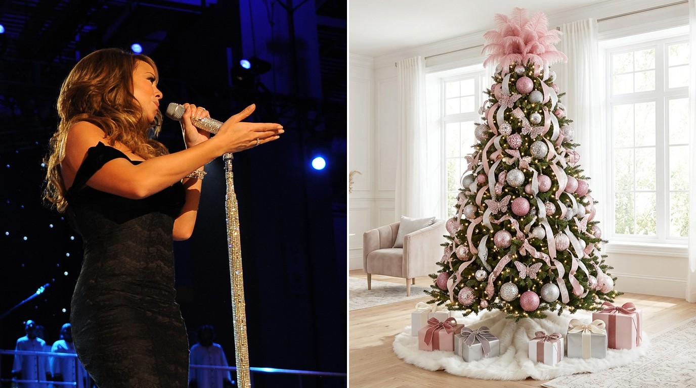 Mariah Carey Christmas decor side by side with a glam pink and silver Christmas tree with a feather topper and faux fur skirt