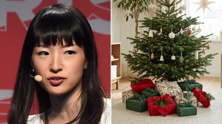 Marie Kondo Christmas cover with Marie Kondo on the left and a tidy Christmas living room with furoshiki wrapped gifts on the right
