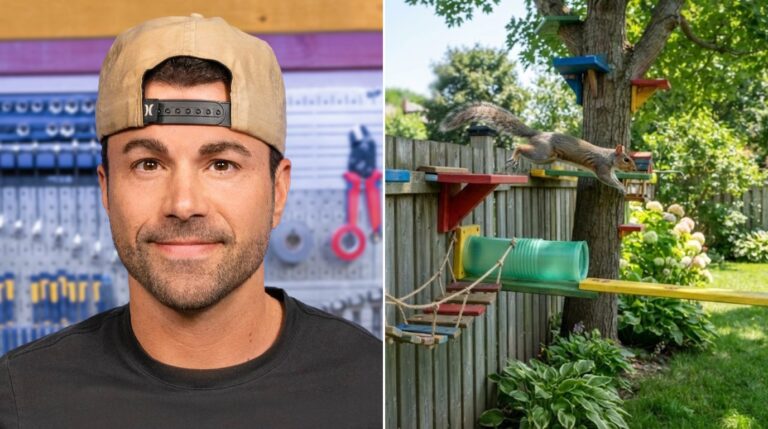 Mark Rober squirrel maze: engineer Mark Rober beside an AI image of a colorful wooden backyard squirrel obstacle course