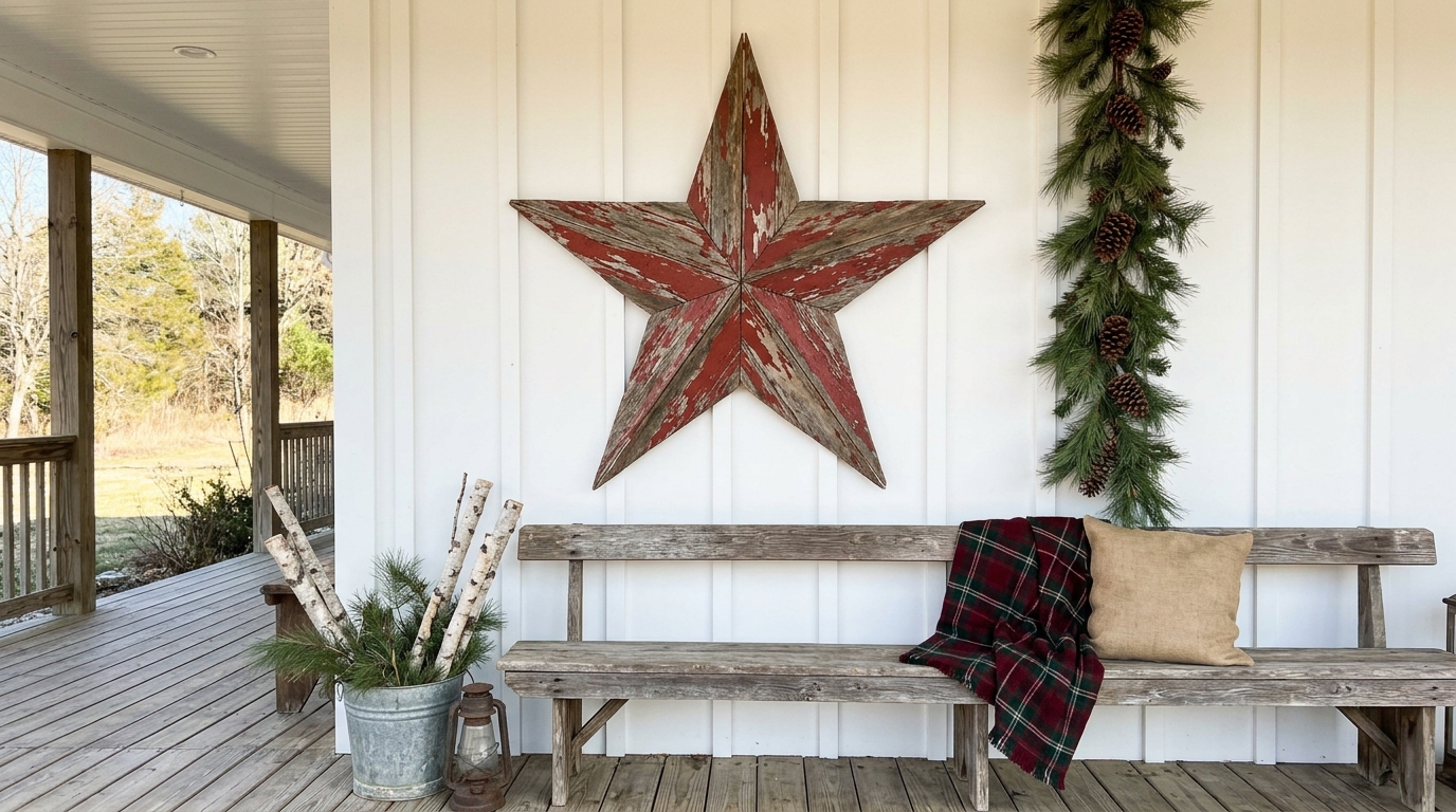 Martha Stewart Farmhouse Christmas porch with a red scrap wood barn star above a wooden bench