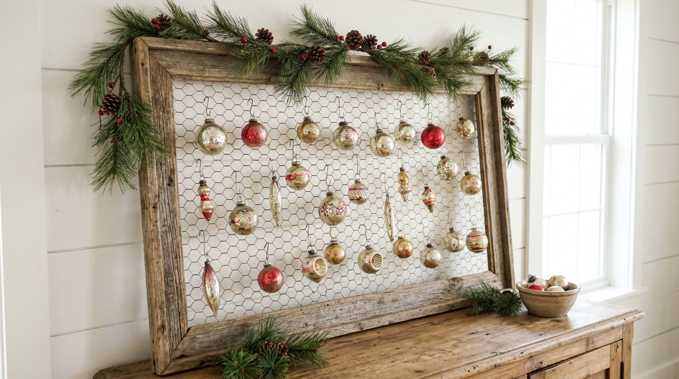 Rustic wood frame with chicken wire holding vintage glass ornaments under a pine garland