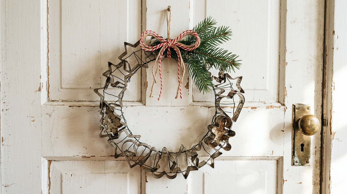 Wreath of old metal cookie cutters with a red and white twine bow on a white kitchen door