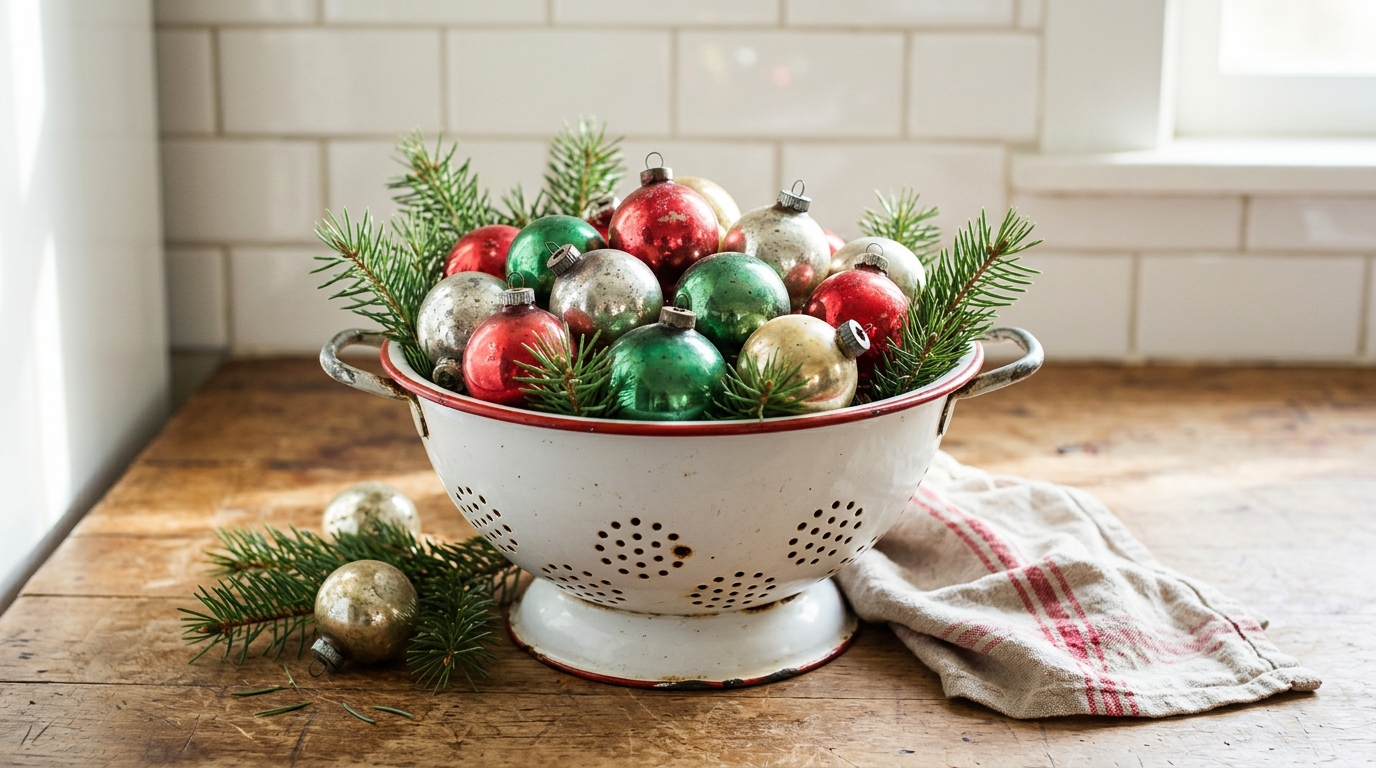 White enamel colander with a red rim piled with shiny vintage ornaments and pine