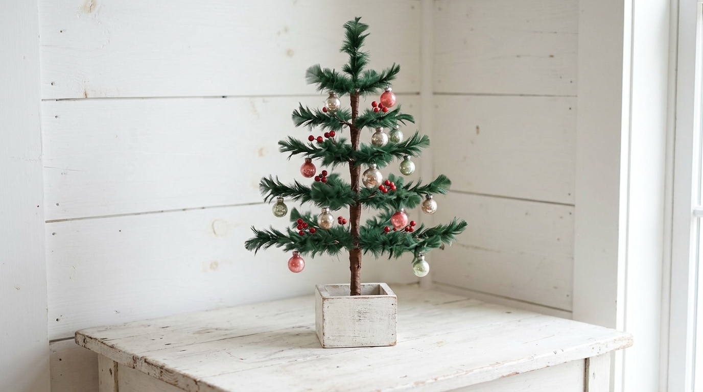 Martha Stewart Farmhouse Christmas feather tree with tiny glass ornaments in a white wooden box