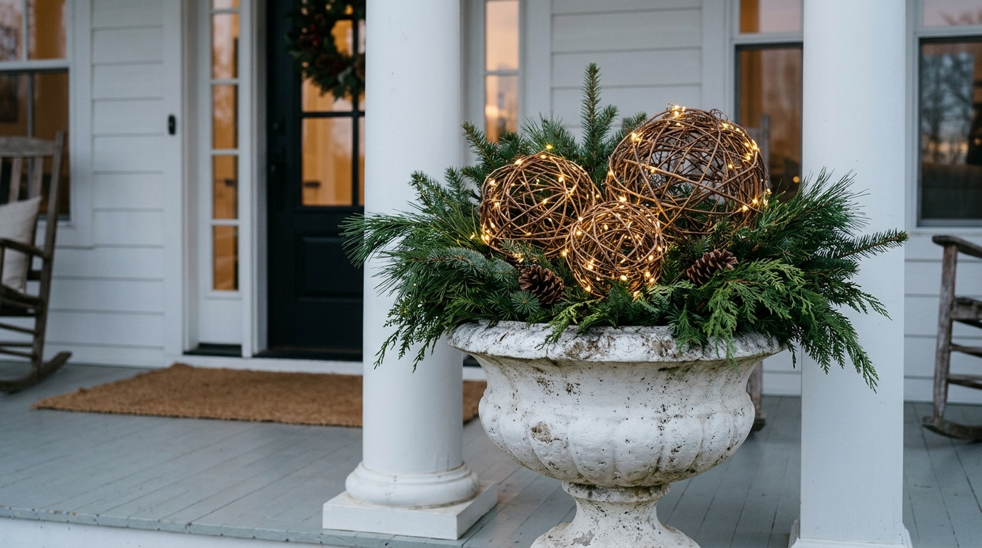 Three grapevine balls with tiny lights in a white stone urn of evergreens by the front door