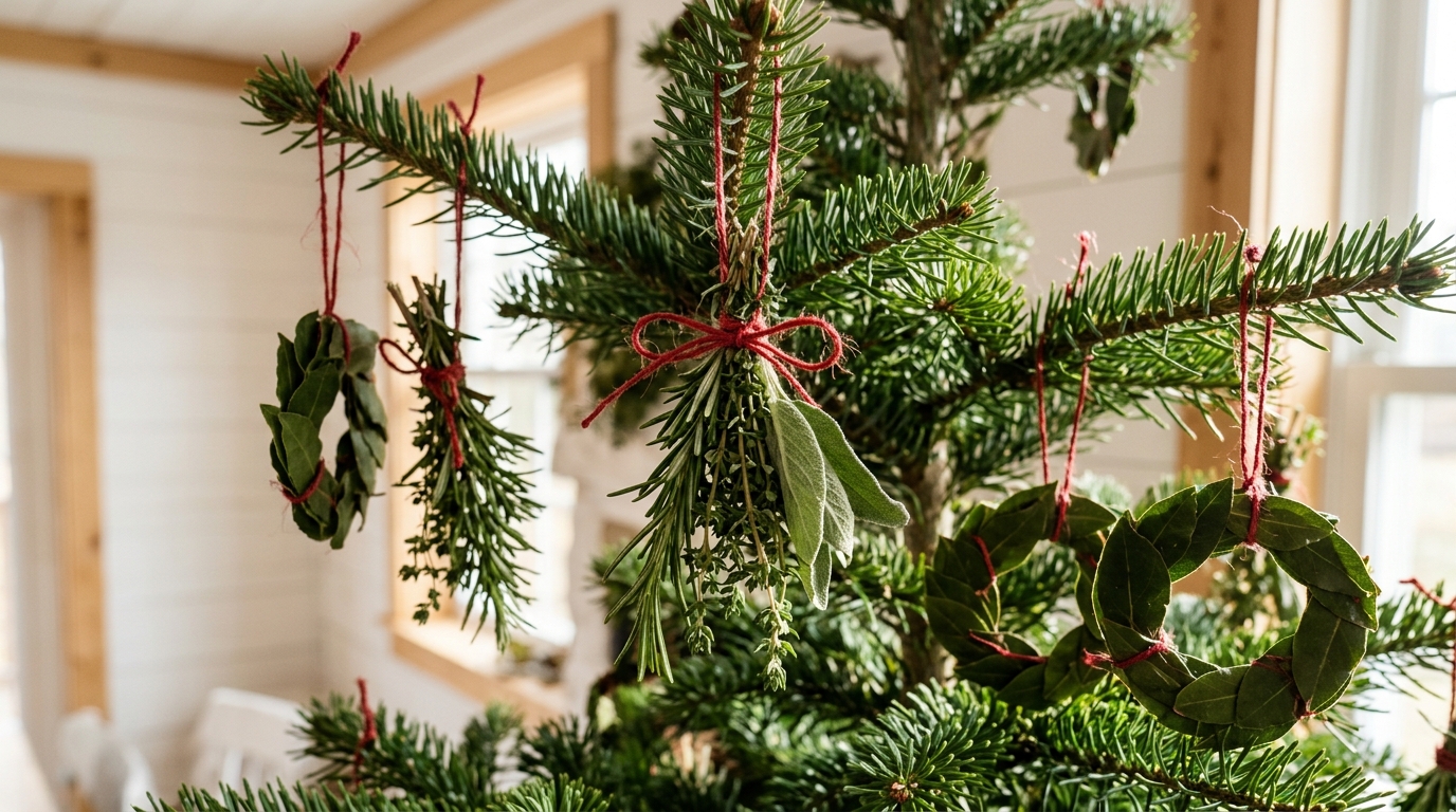 Rosemary, thyme and sage bundles and bay leaf rings tied with red twine on a tree
