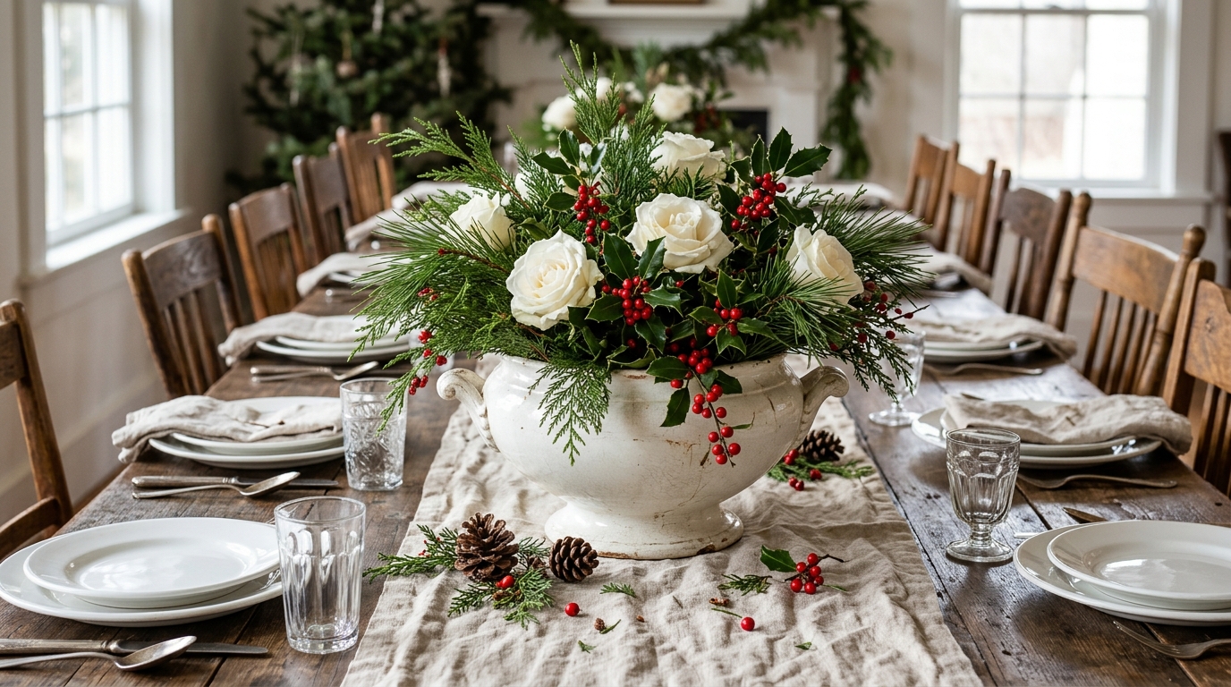 Martha Stewart Farmhouse Christmas table with a white ironstone tureen of cedar, holly and white roses