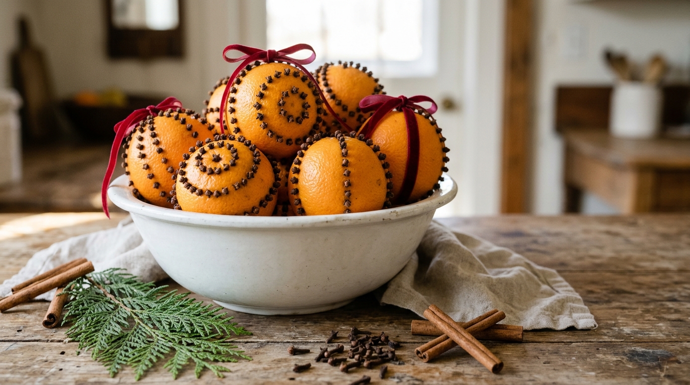 Clove studded orange pomanders tied with red velvet ribbon in a white bowl