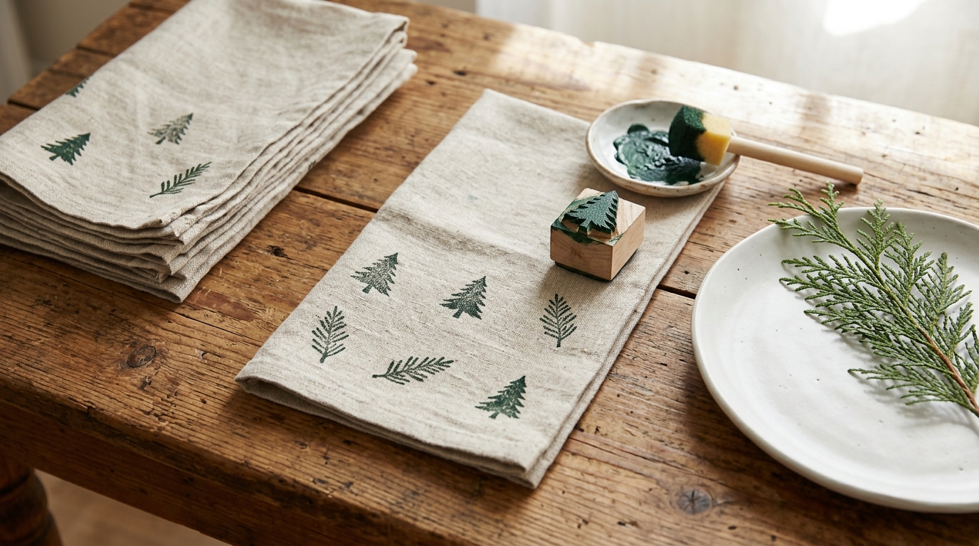 Natural linen napkins stamped with little green pine trees beside a carved stamp