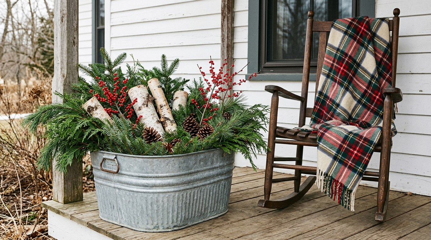 Martha Stewart Farmhouse Christmas porch with a galvanized wash tub of evergreens, birch logs and winterberry