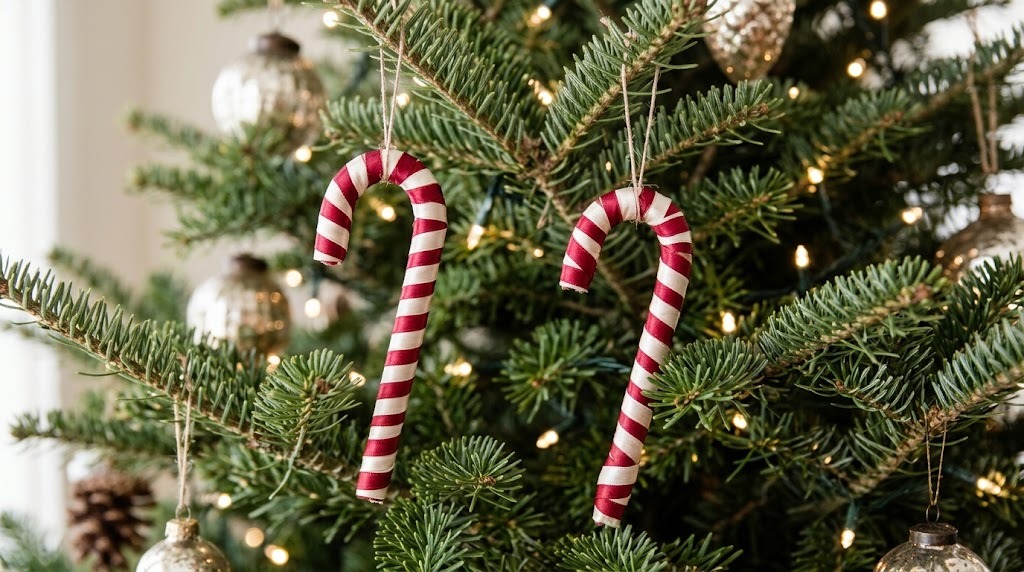 Candy cane ornaments wrapped in red and white striped ribbon hanging on a Christmas tree