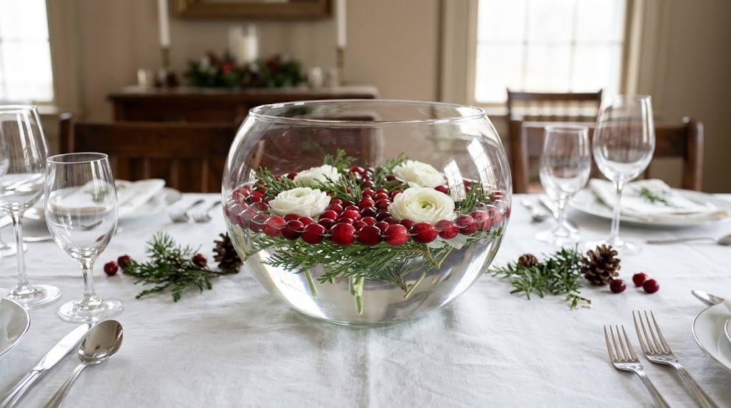 Martha Stewart Christmas inspired glass bowl centerpiece of floating cranberries, evergreen and white flowers