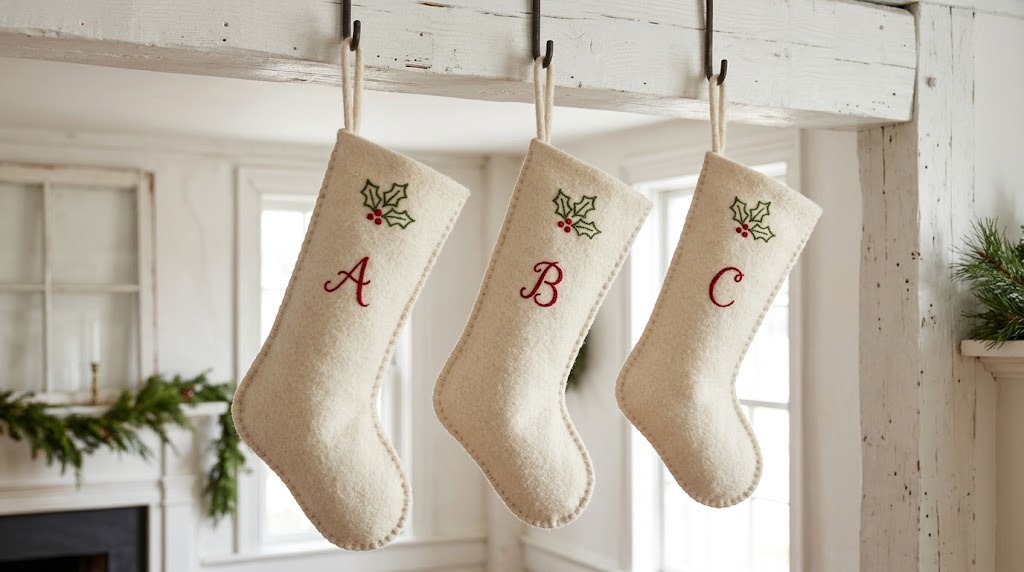 Three handmade cream felt Christmas stockings with embroidered holly and red initials
