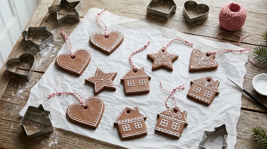 Martha Stewart Christmas inspired gingerbread look clay ornaments with white icing details and baker twine
