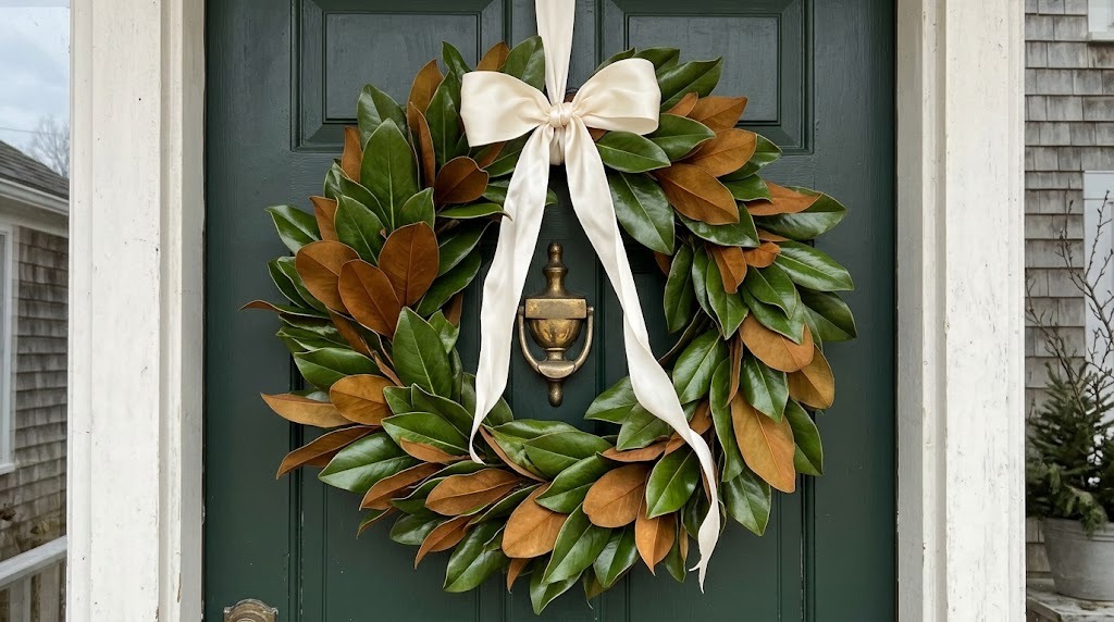 Martha Stewart Christmas inspired magnolia leaf wreath with cream ribbon on a dark green front door