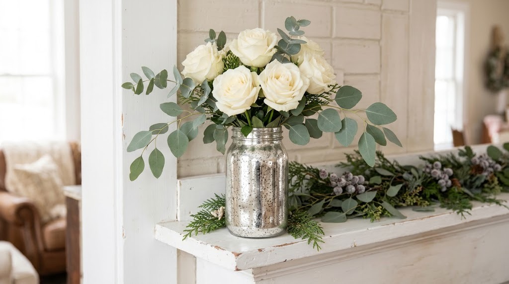 Plain glass jar turned into an antique silver mercury glass look vase holding white roses