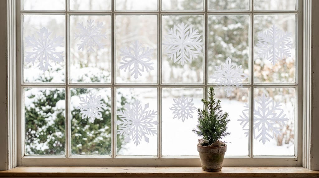 Large hand cut white paper snowflakes on a window overlooking a snowy garden