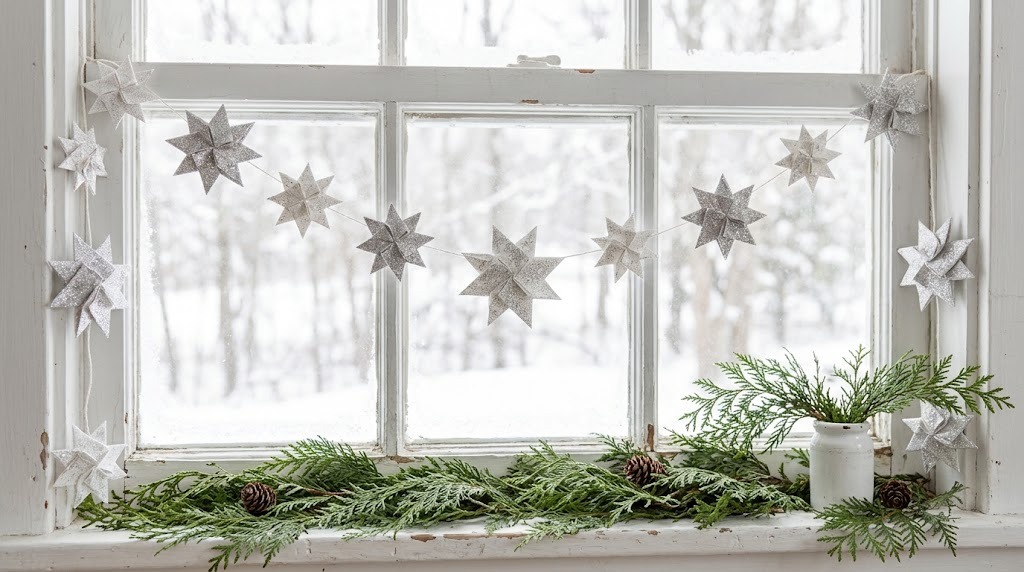 Glittered silver paper star garland hanging across a white window with cedar on the sill