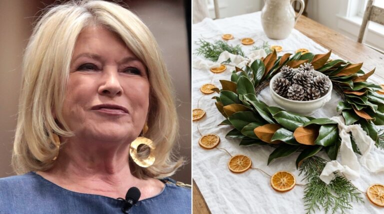 Martha Stewart Christmas inspiration: Martha Stewart beside a magnolia wreath table with pine cones and dried orange garland