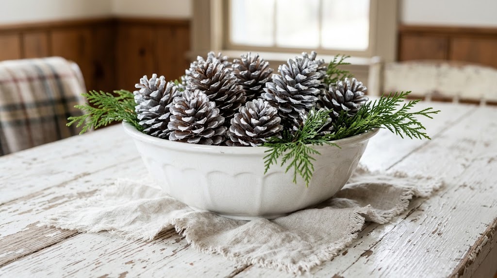 Martha Stewart Christmas inspired bowl of white tipped pine cones with cedar sprigs