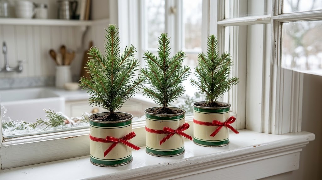 Martha Stewart Christmas inspired tiny evergreen trees potted in vintage enamel tins on a windowsill