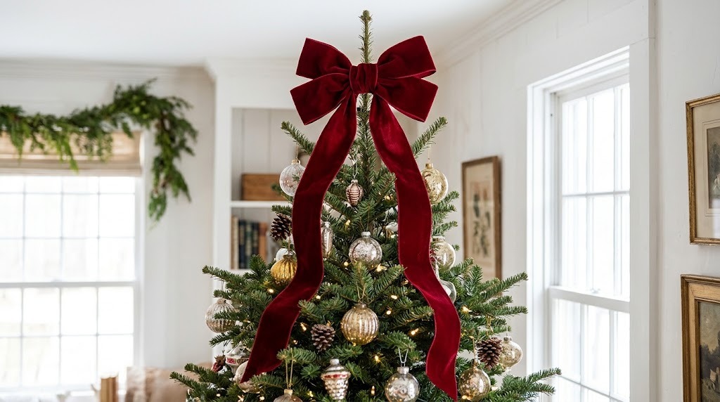 Large deep red velvet bow topping a Christmas tree with long ribbon tails